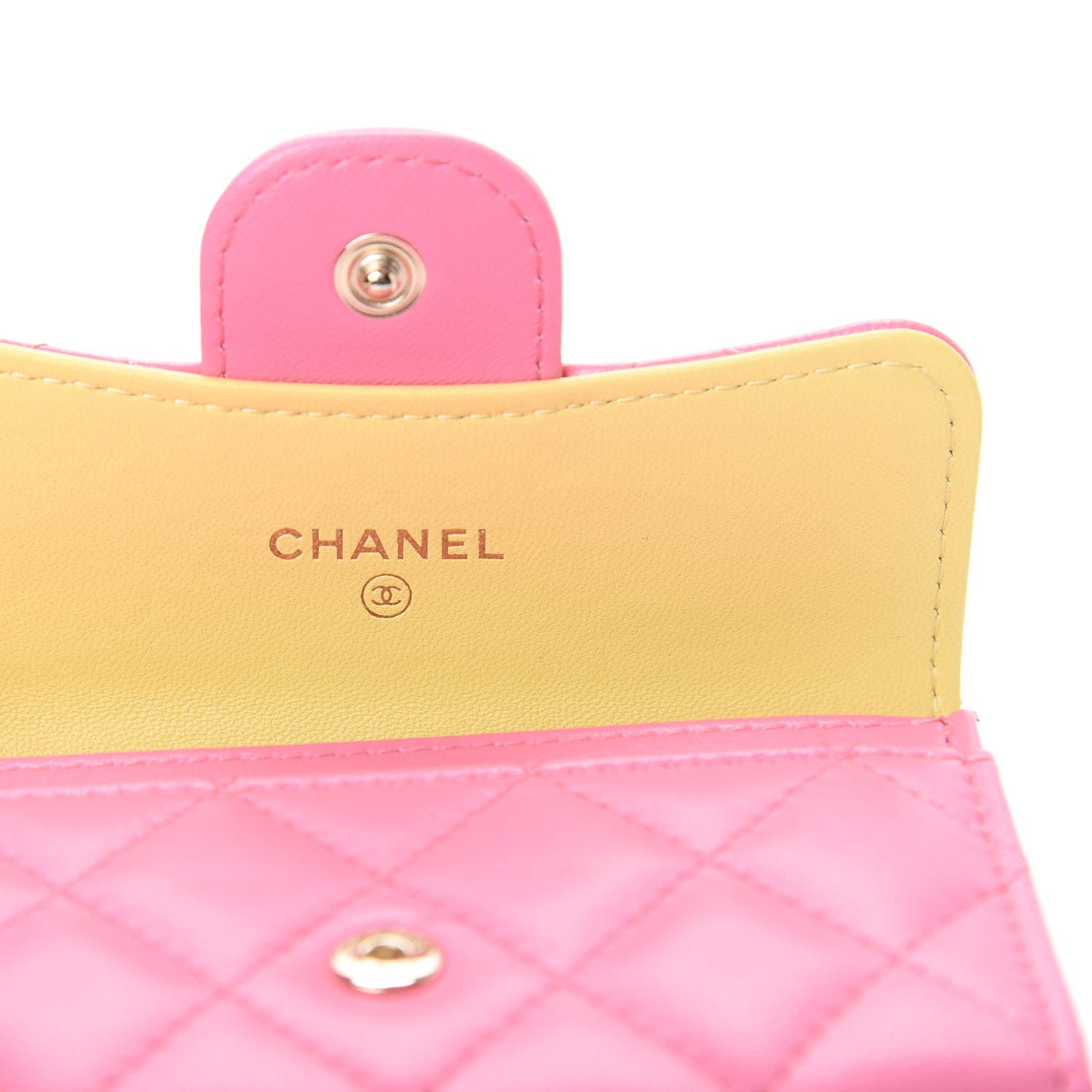 Lambskin Quilted Flap Card Holder Wallet Pink Yellow