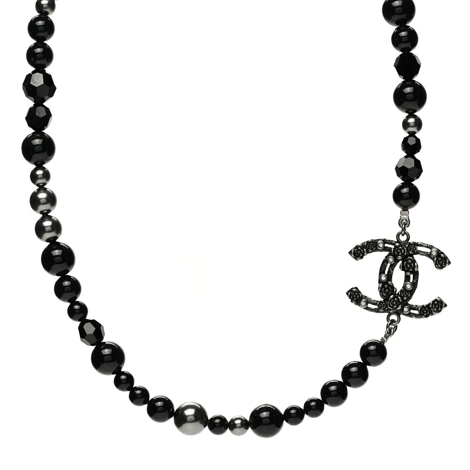 Chanel Pearl Crystal CC Camellia Necklace Ruthenium Black 1 of 7