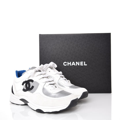 Chanel Suede Calfskin Womens CC Sneakers 39.5 White Silver Blue 8 of 8