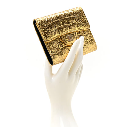 Chanel Metallic Calfskin Crocodile Embossed Cocodile Compact Flap Wallet  Gold 2 of 8