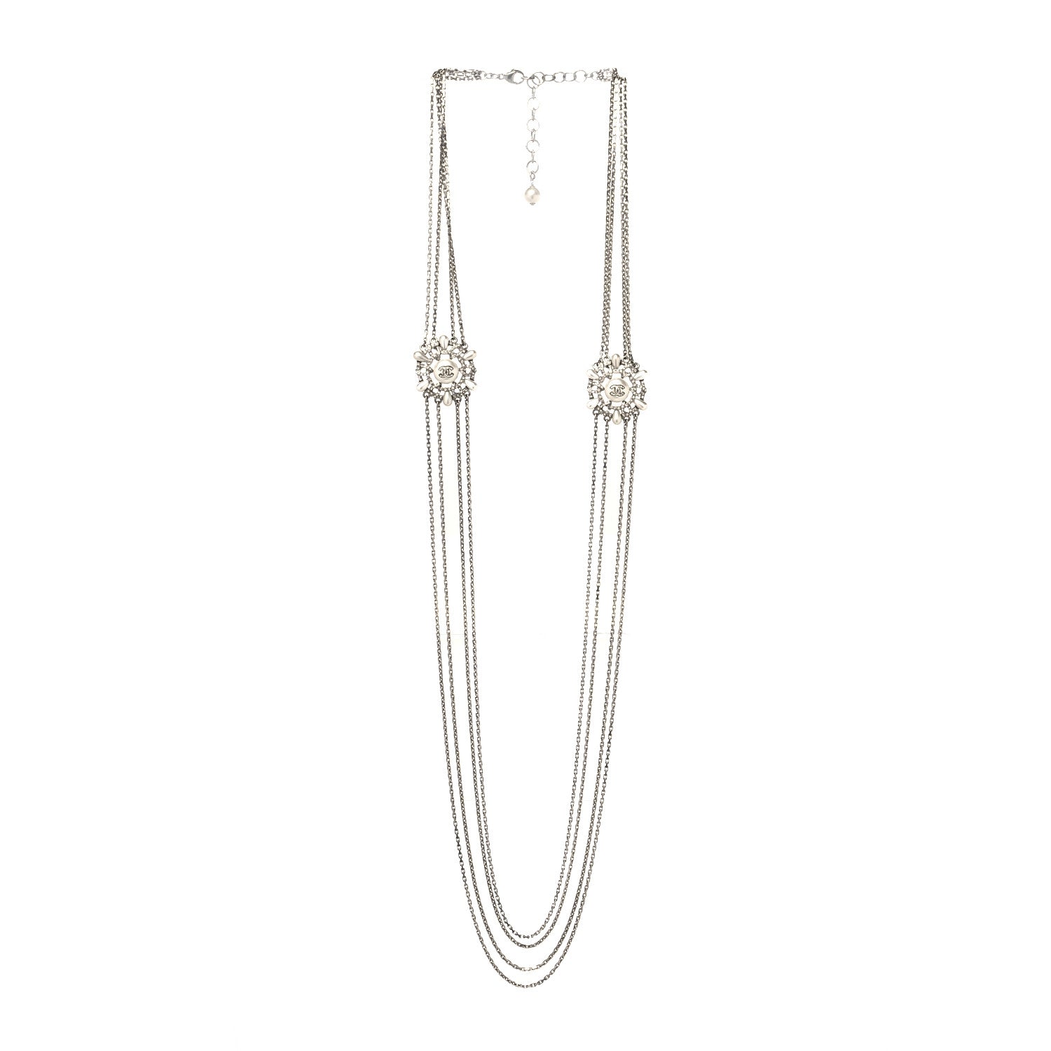 Chanel Pearl Crystal Chain CC Long Necklace Silver 3 of 5