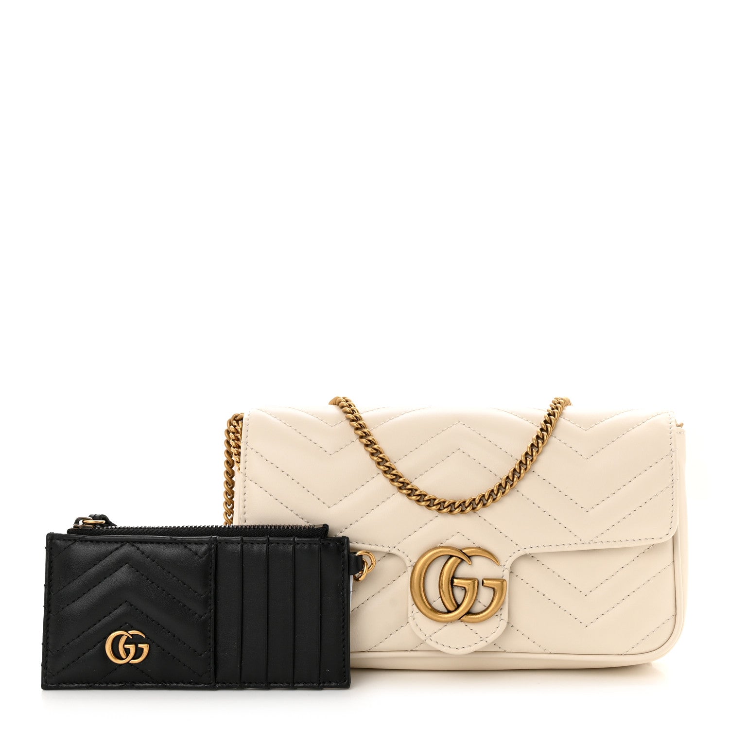 Gucci Calfskin Matelasse Mini GG Marmont Shoulder Bag With Card Holder White Black 1 of 12