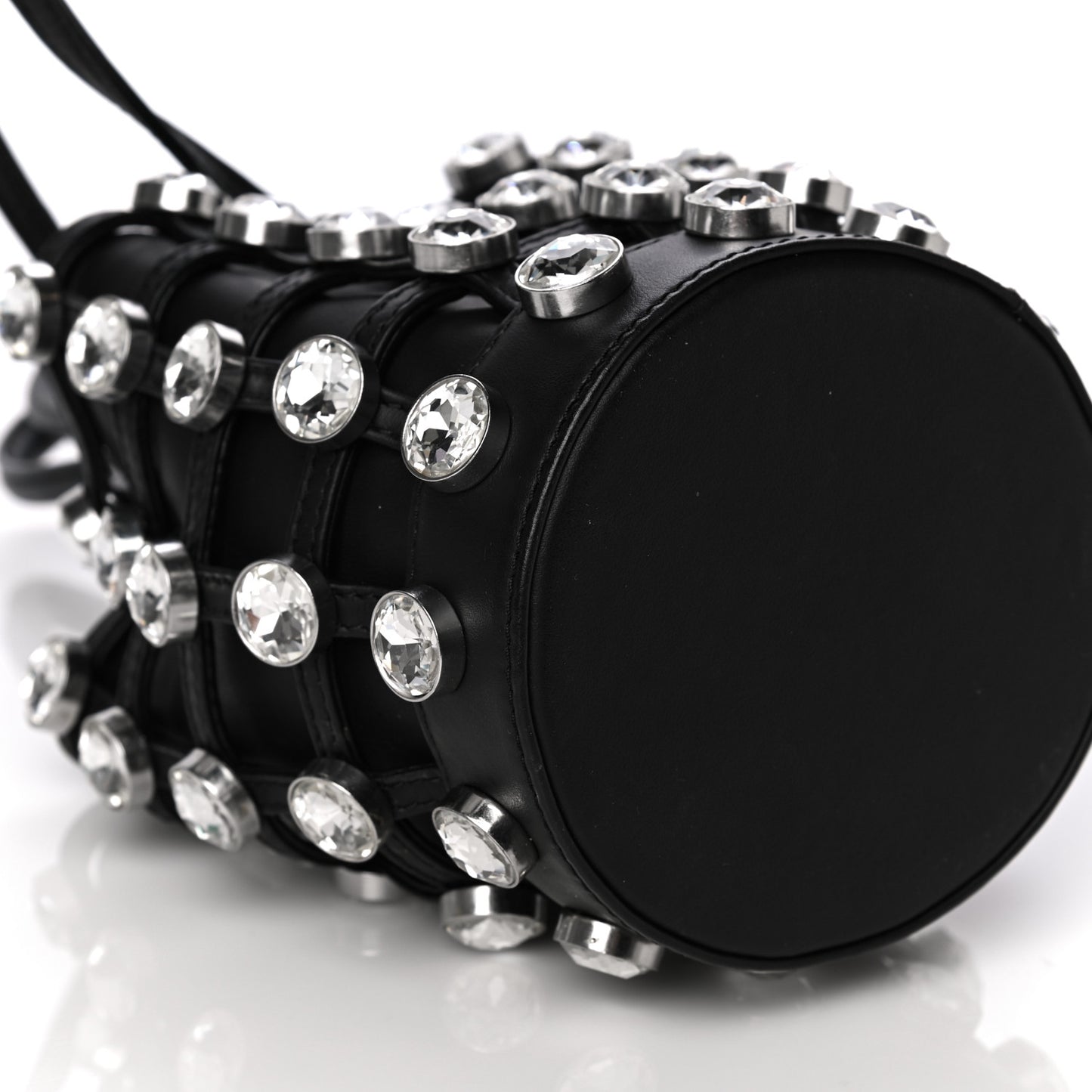 Calfskin Crystal Embellished Roxy Mini Bucket Bag Black