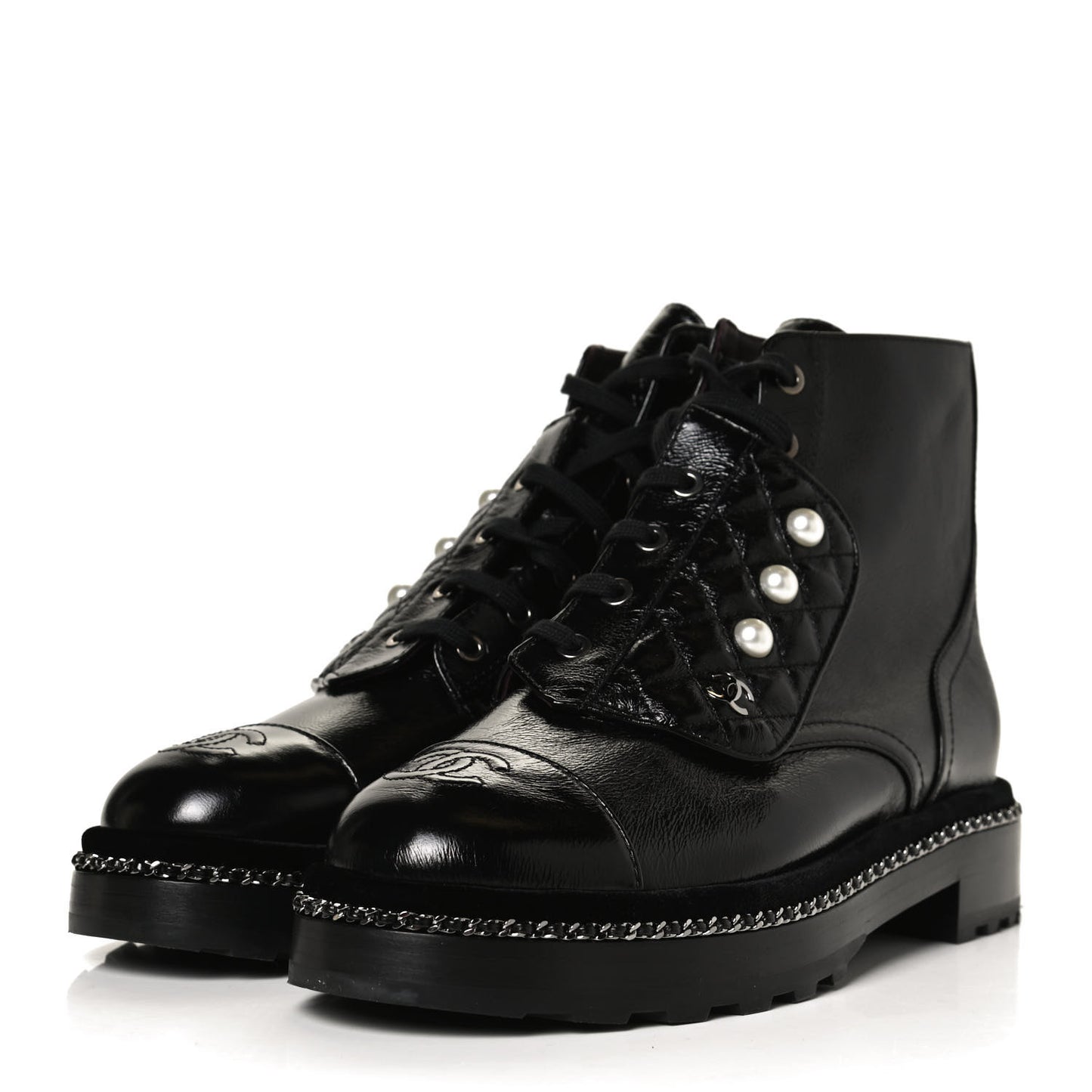 Crackled Calfskin Velvet Pearl Combat Short Boots 39.5 Black