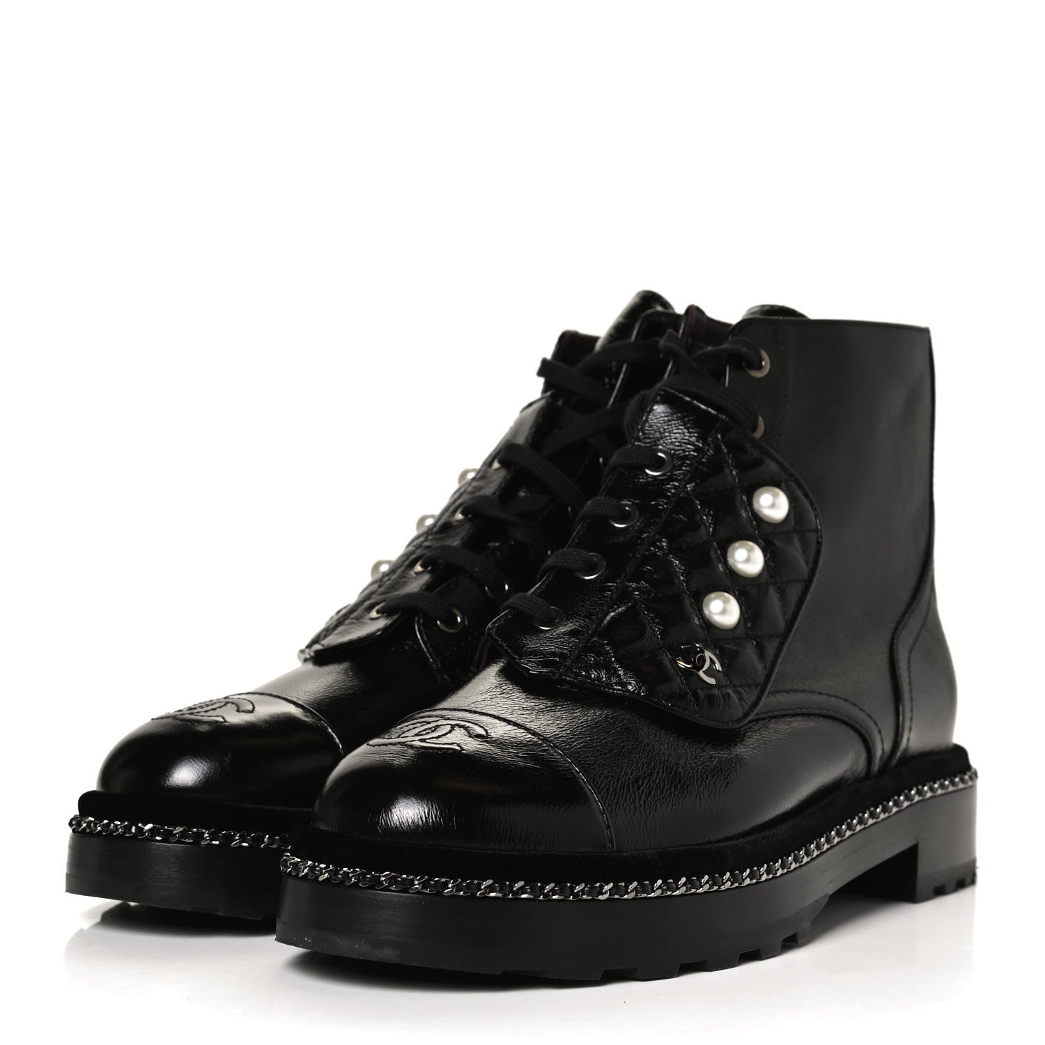 Chanel Crackled Calfskin Velvet Pearl Combat Short Boots 39.5 Black 3 of 11