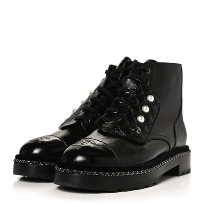 Chanel Crackled Calfskin Velvet Pearl Combat Short Boots 39.5 Black 3 of 11
