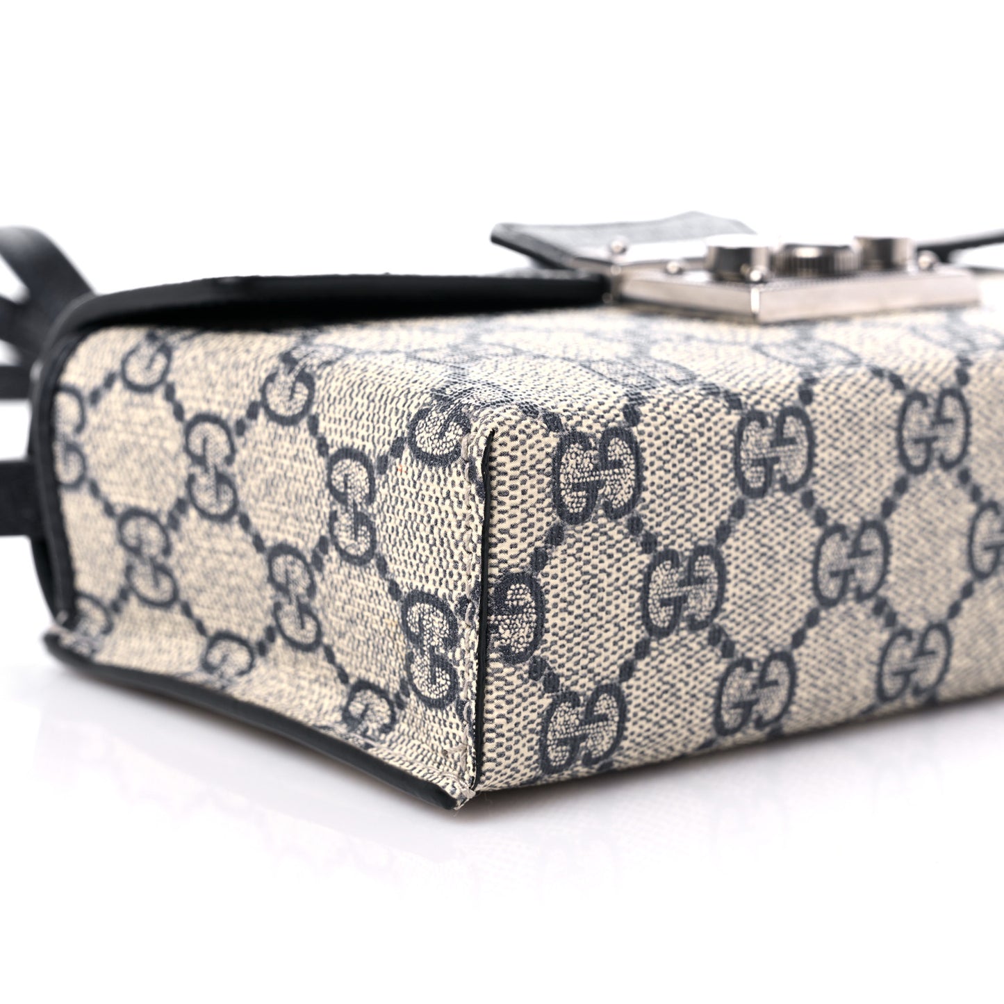 GG Supreme Monogram Textured Dollar Calfskin Web Mini Padlock Top Handle Shoulder Bag Beige Blue