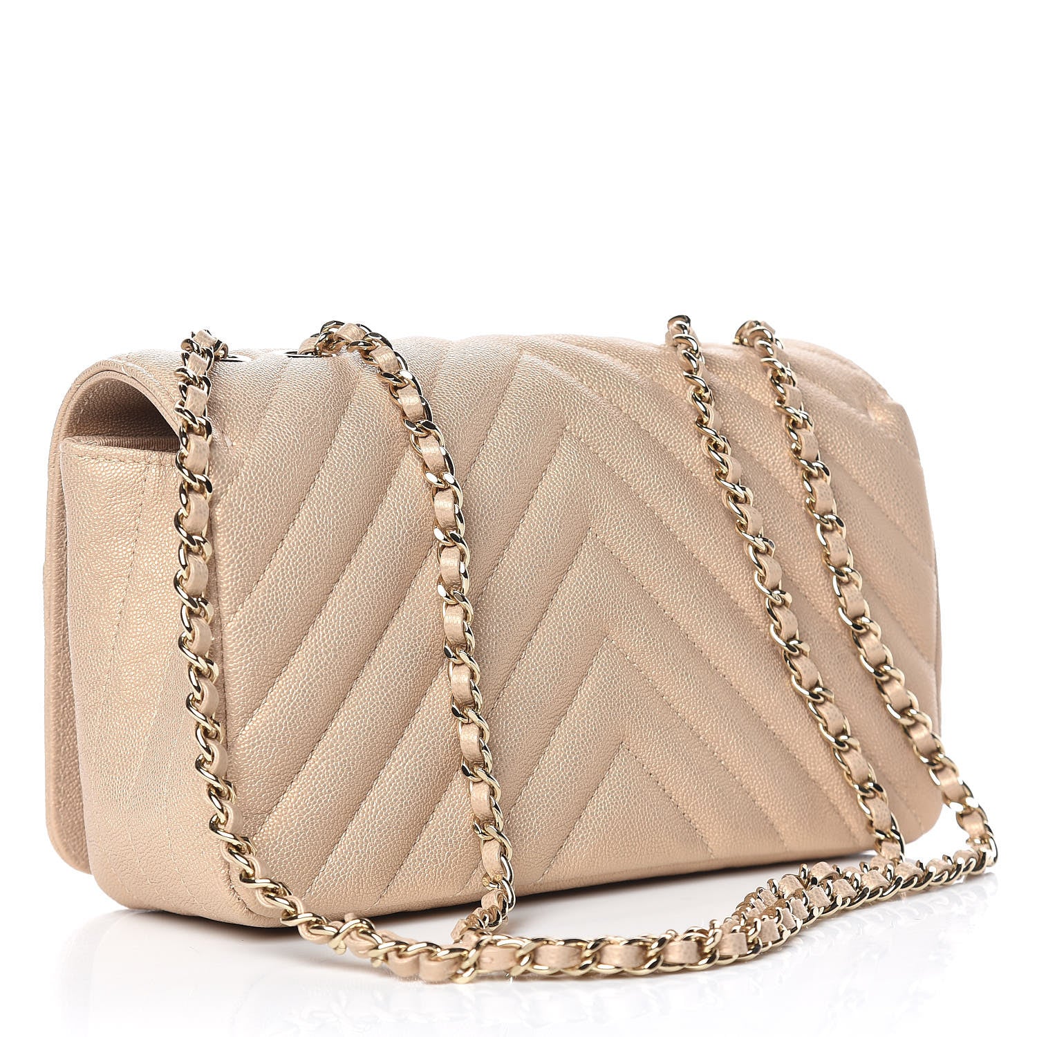 Chanel Metallic Caviar Chevron Quilted Mini Statement Flap Beige 3 of 12