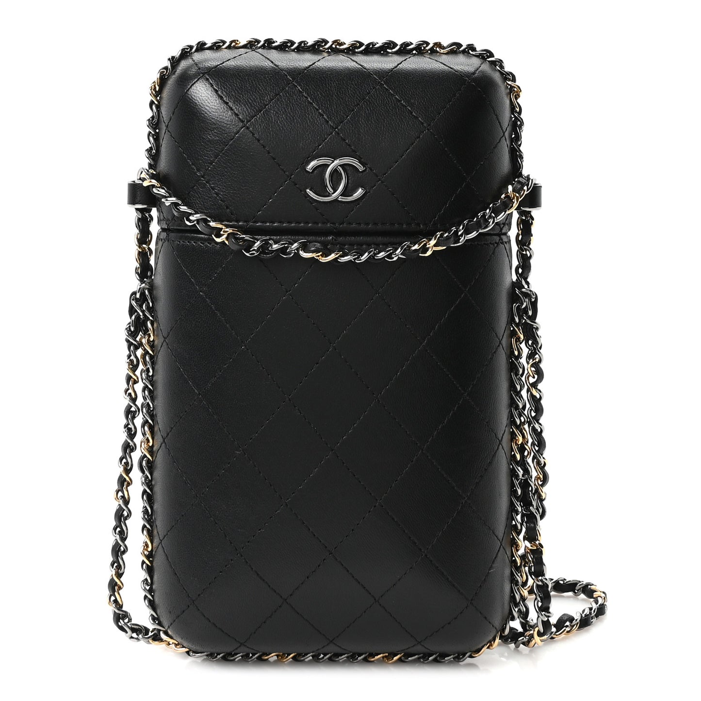 Lambskin Quilted Chain Around Phone Holder Black