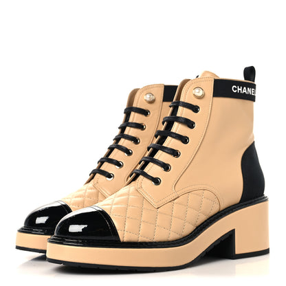 Chanel Lambskin Patent Calfskin Quilted Lace Up Boots 38 Beige Black 4 of 9