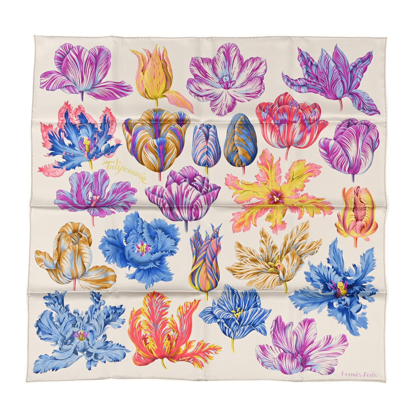 Silk Tulipomanie Scarf 90 Argent Violet Bleu