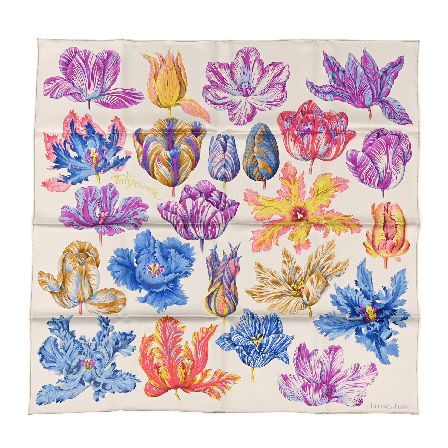 Hermes Silk Tulipomanie Scarf 90 Argent Violet Bleu 1 of 5