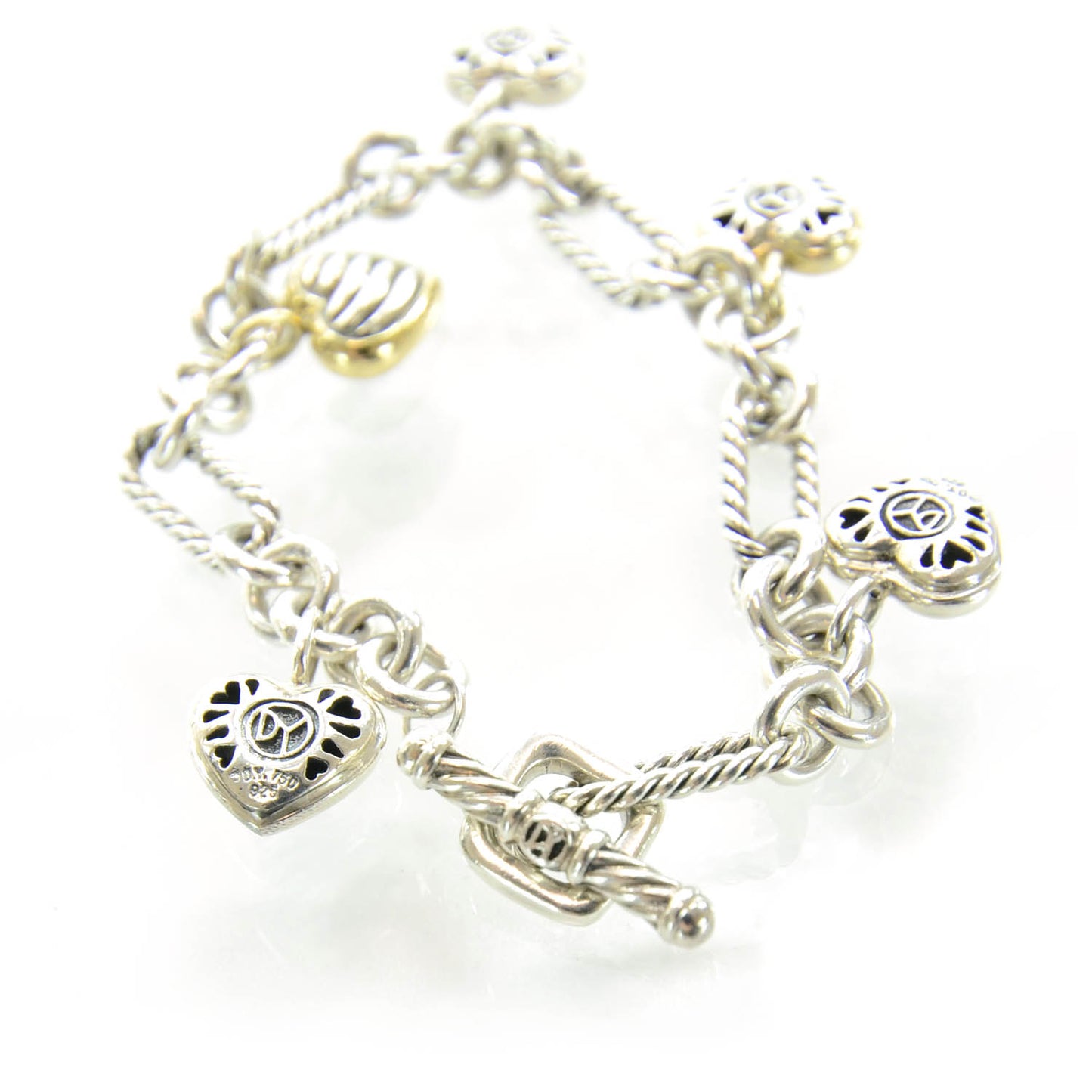 Sterling Silver 18K Yellow Gold Cable Heart 5 Charm Bracelet