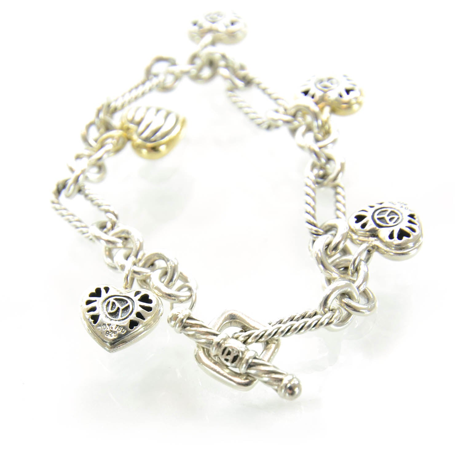 David Yurman Sterling Silver 18K Yellow Gold Cable Heart 5 Charm Bracelet 3 of 5