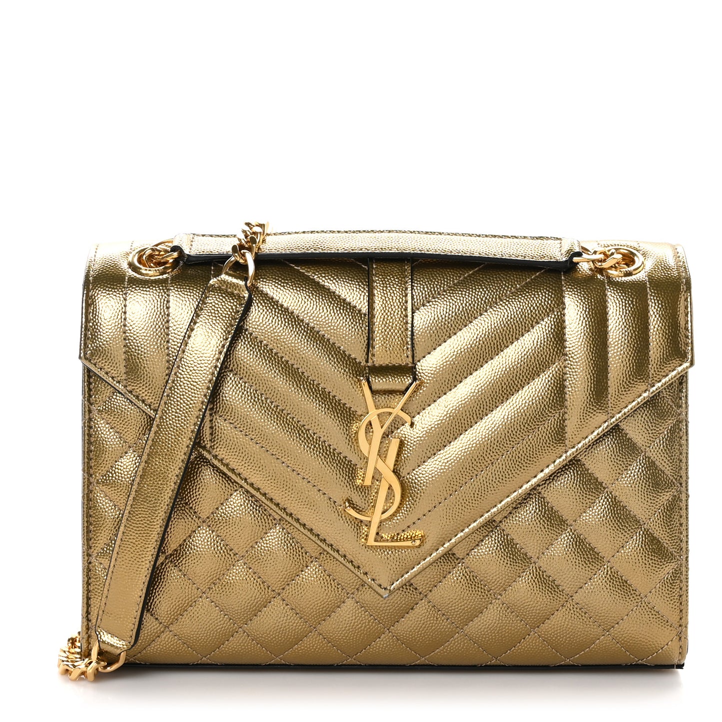 Metallic Grain De Poudre Textured Mixed Matelasse Triquilt Medium Monogram Satchel Gold