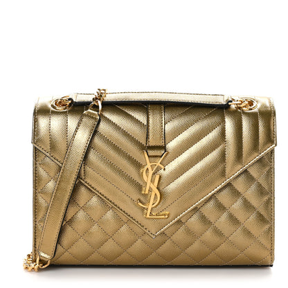 Saint Laurent Metallic Grain De Poudre Textured Mixed Matelasse Triquilt Medium Monogram Satchel Gold 1 of 9