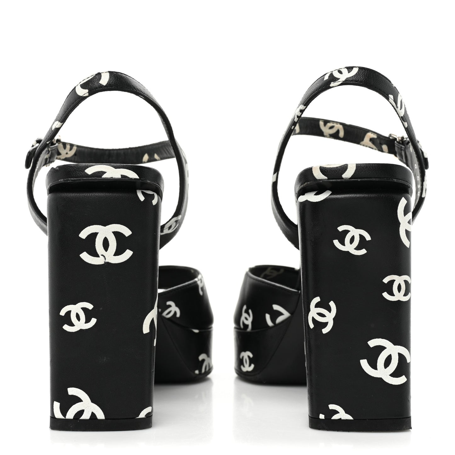 Printed Lambskin CC Platform Sandals 38 Black White