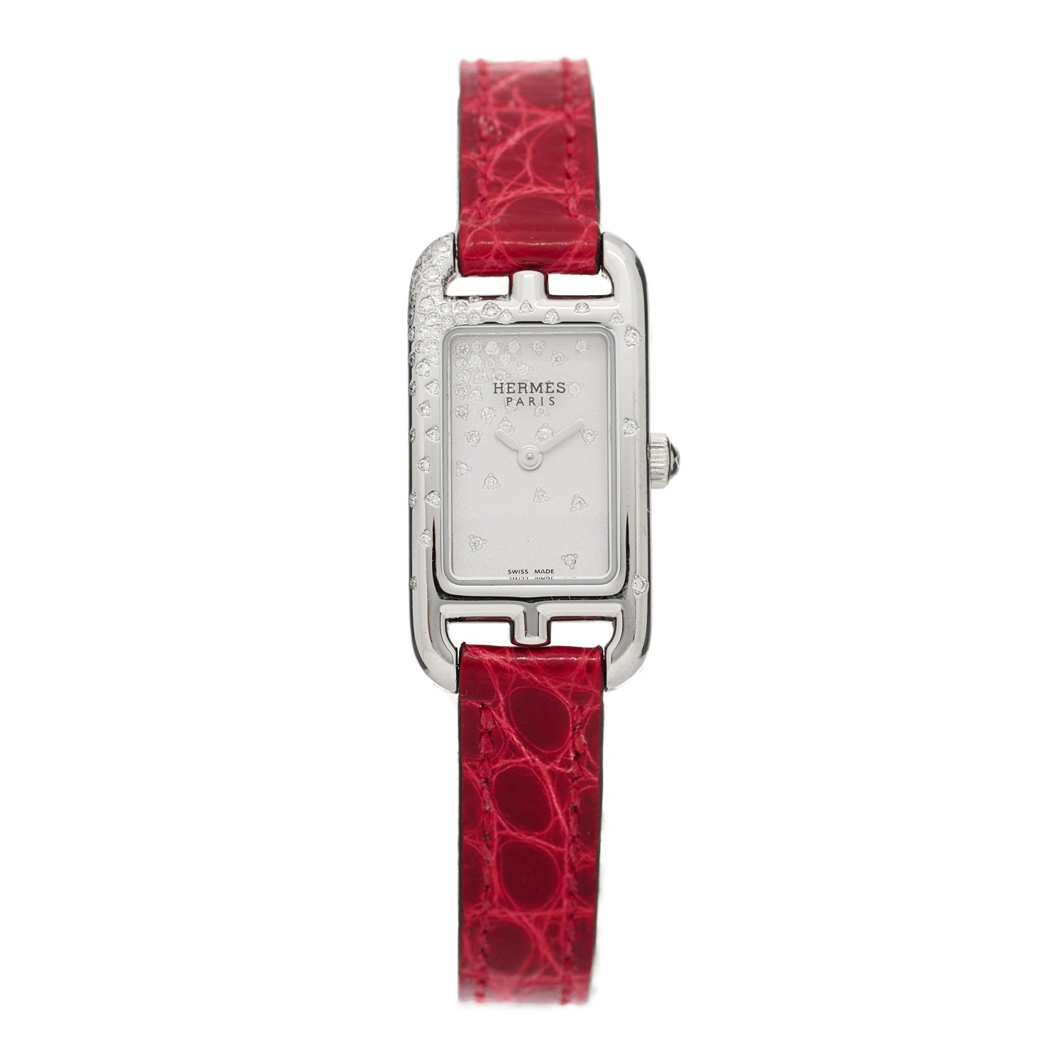 Hermes Stainless Steel Alligator Diamond 17mm Nantucket Jete De Diamants Quartz Watch Braise 1 of 5