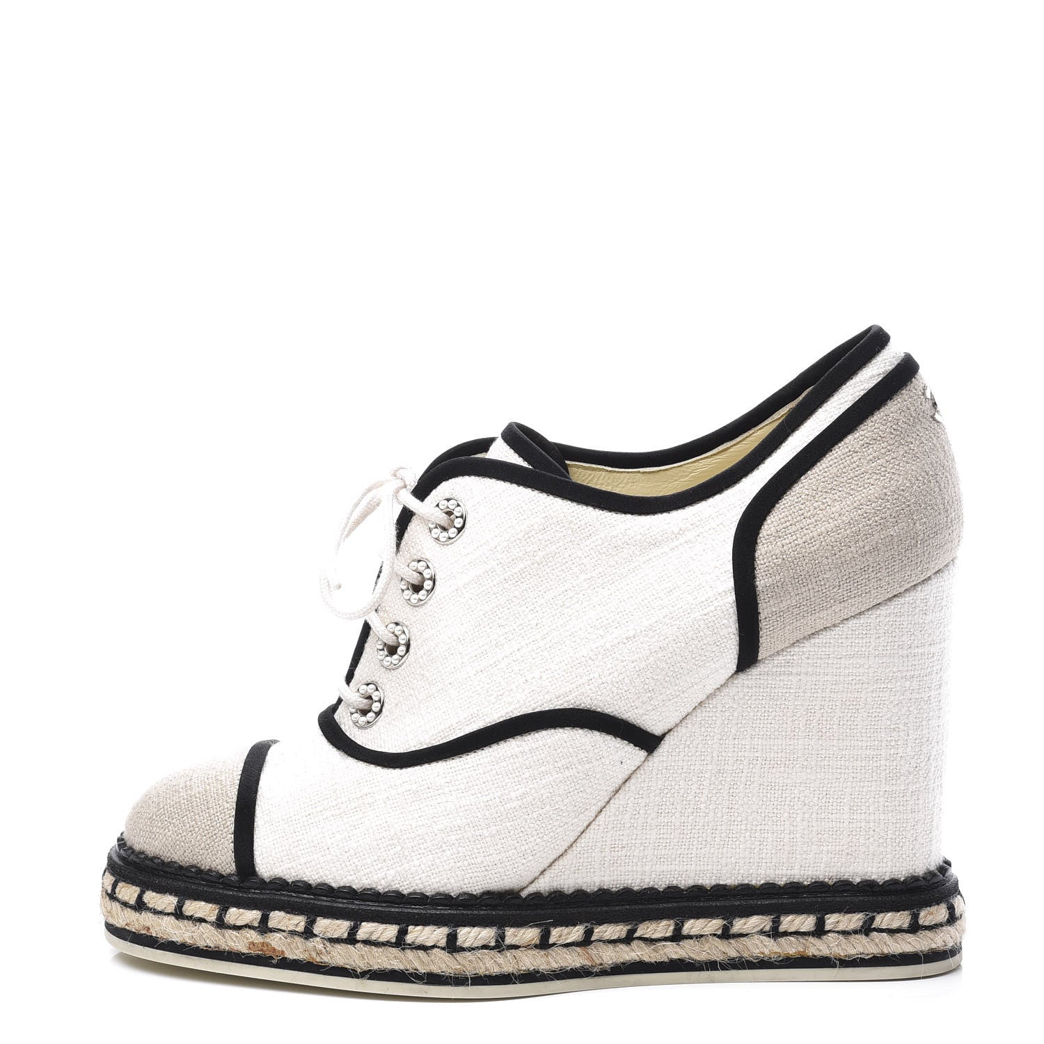 Chanel Raffia Lace Up Wedge Espadrilles 37 Beige 1 of 15