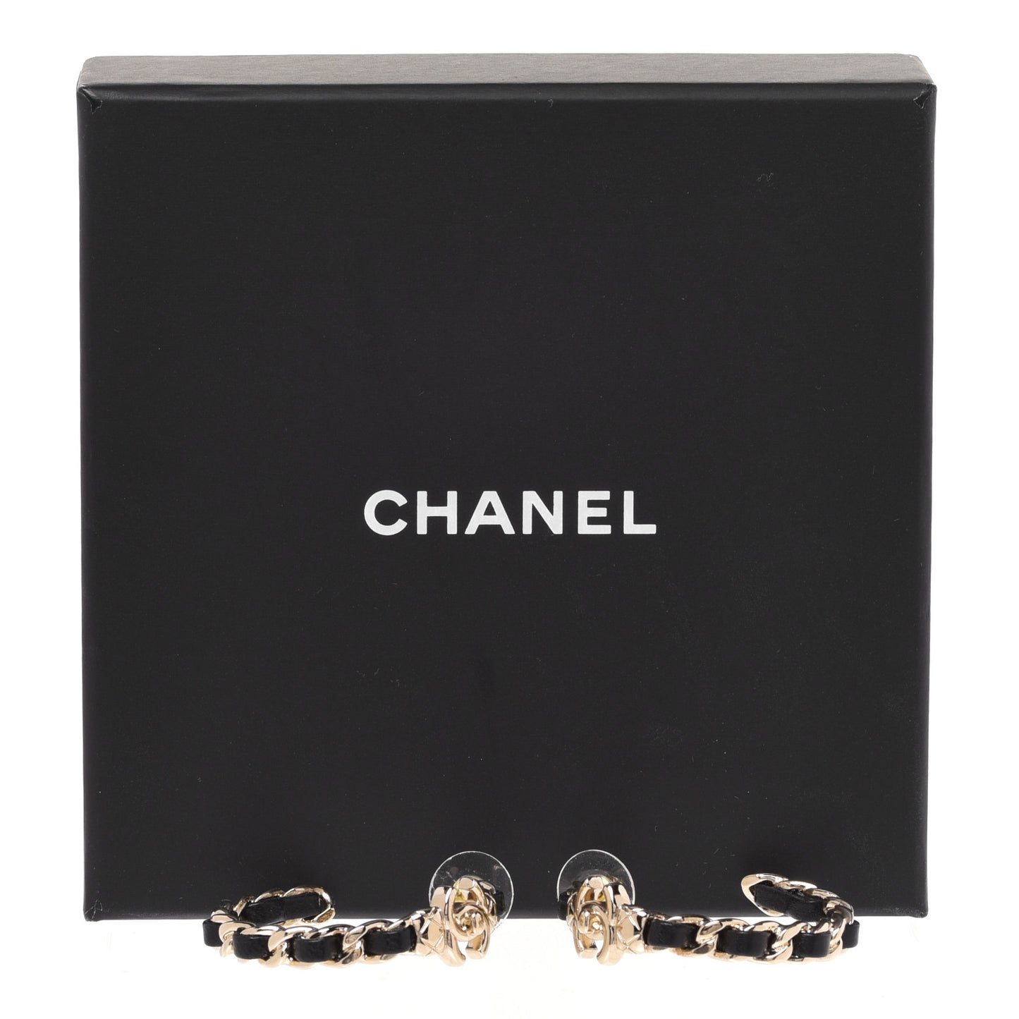 Metal Lambskin Quilted CC Turnlock Chain Hoop Earrings Gold Black