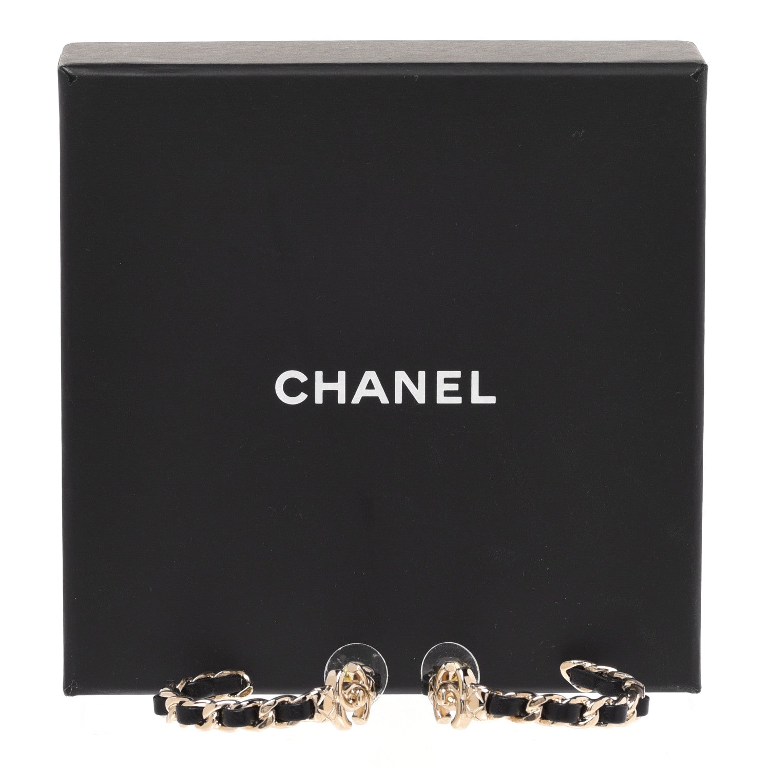 Chanel Metal Lambskin Quilted CC Turnlock Chain Hoop Earrings Gold Black 5 of 5