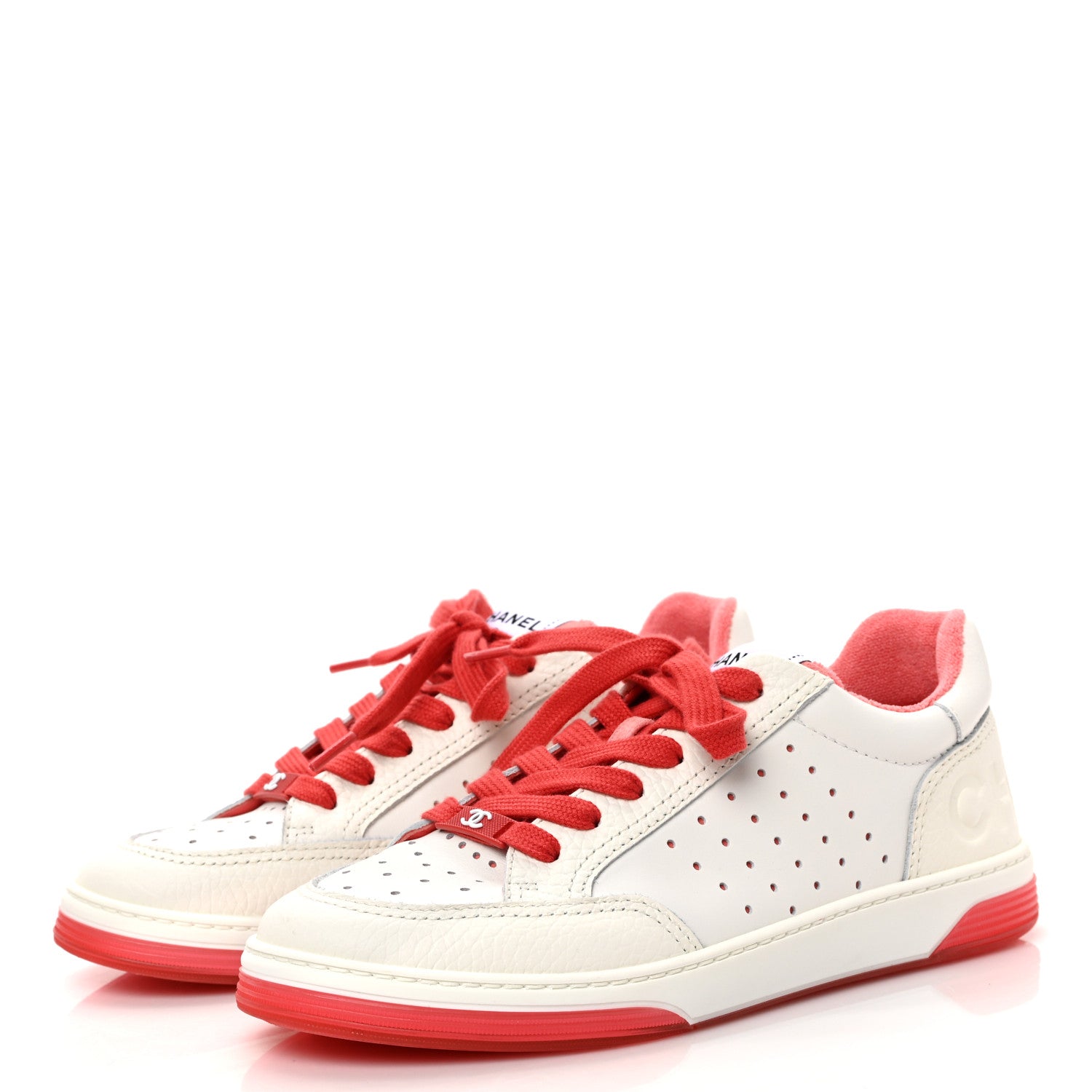 Chanel Grained Calfskin Fabric Womens Logo Sneakers 38 White Red 3 of 9