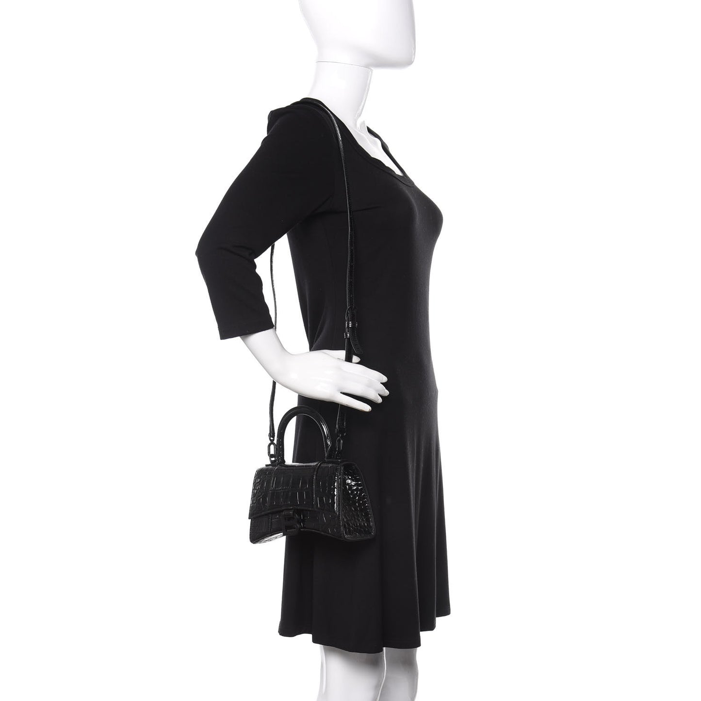 Shiny Calfskin Monochrome Crocodile Embossed Hourglass Top Handle Bag XS Black