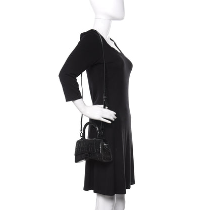 Balenciaga Shiny Calfskin Monochrome Crocodile Embossed Hourglass Top Handle Bag XS Black 2 of 9