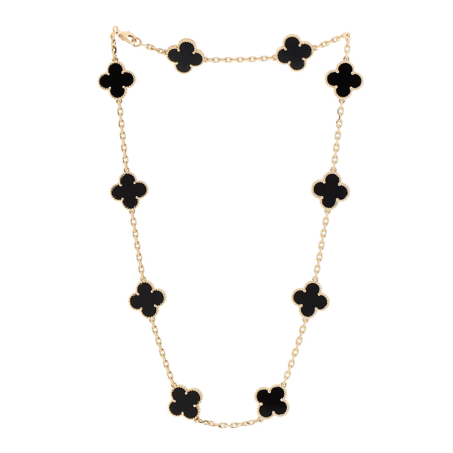 18K Yellow Gold Black Onyx 10 Motifs Vintage Alhambra Necklace