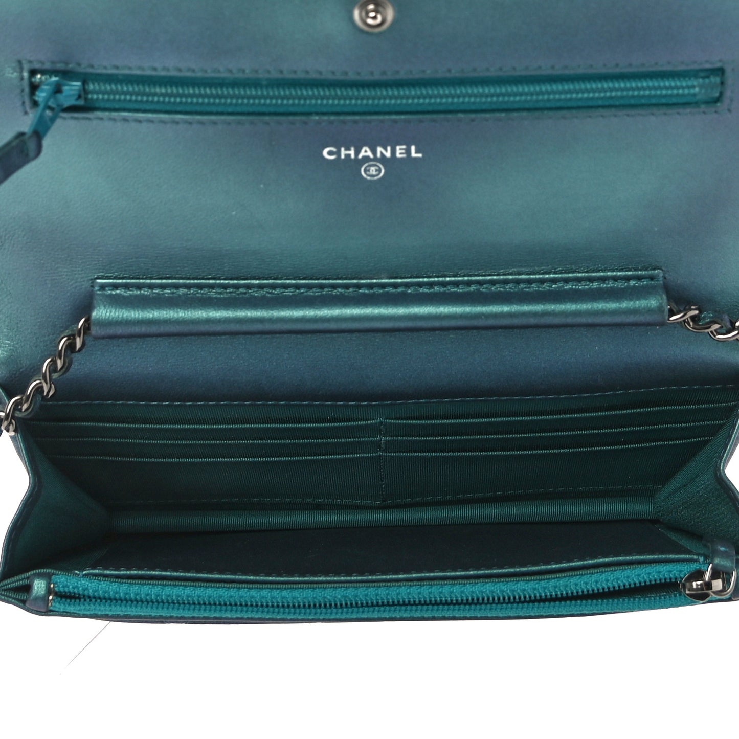 Iridescent Lambskin Quilted Wallet On Chain WOC Turquoise