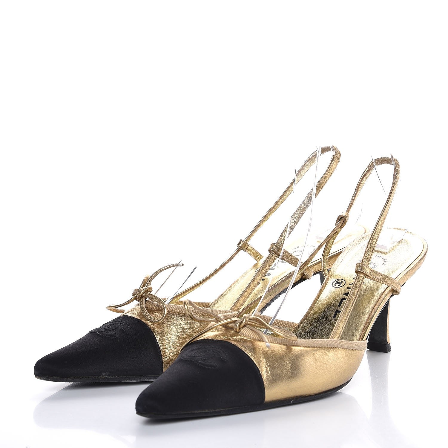 Chanel Metallic Lambskin Satin Slingback Pumps 38 Gold 3 of 17