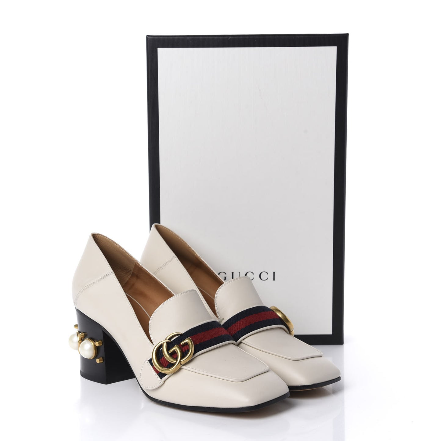 Betis Glamour Calfskin Web Pearl Embellished Peyton 75mm Loafer Pumps 37.5 Mystic White