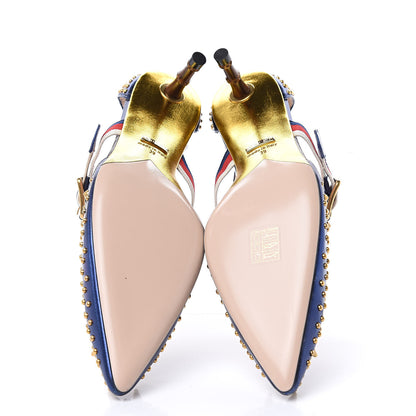Gucci Metallic Nappa Silk Grosgrain Studded Sylvie Web Bamboo Low Heel Pumps 39 Sapphire 7 of 10