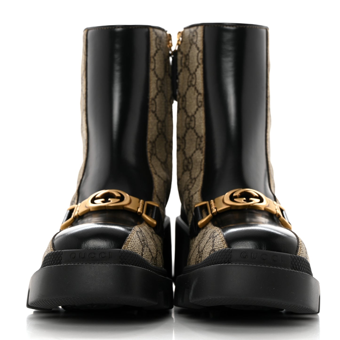 GG Supreme Monogram Magnum Calfskin Interlocking G Womens Lug Sole Ankle Boots 35.5 Beige Ebony Black