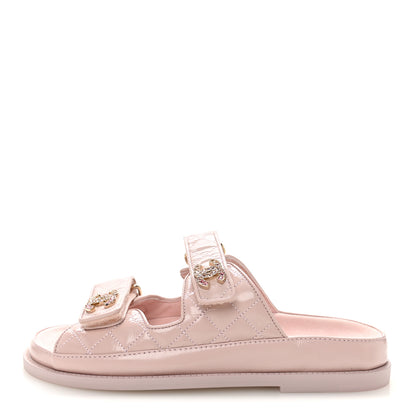 Chanel Shiny Calfskin Quilted Velcro Dad Crystal CC Slide Sandals 37 Light Pink 1 of 11