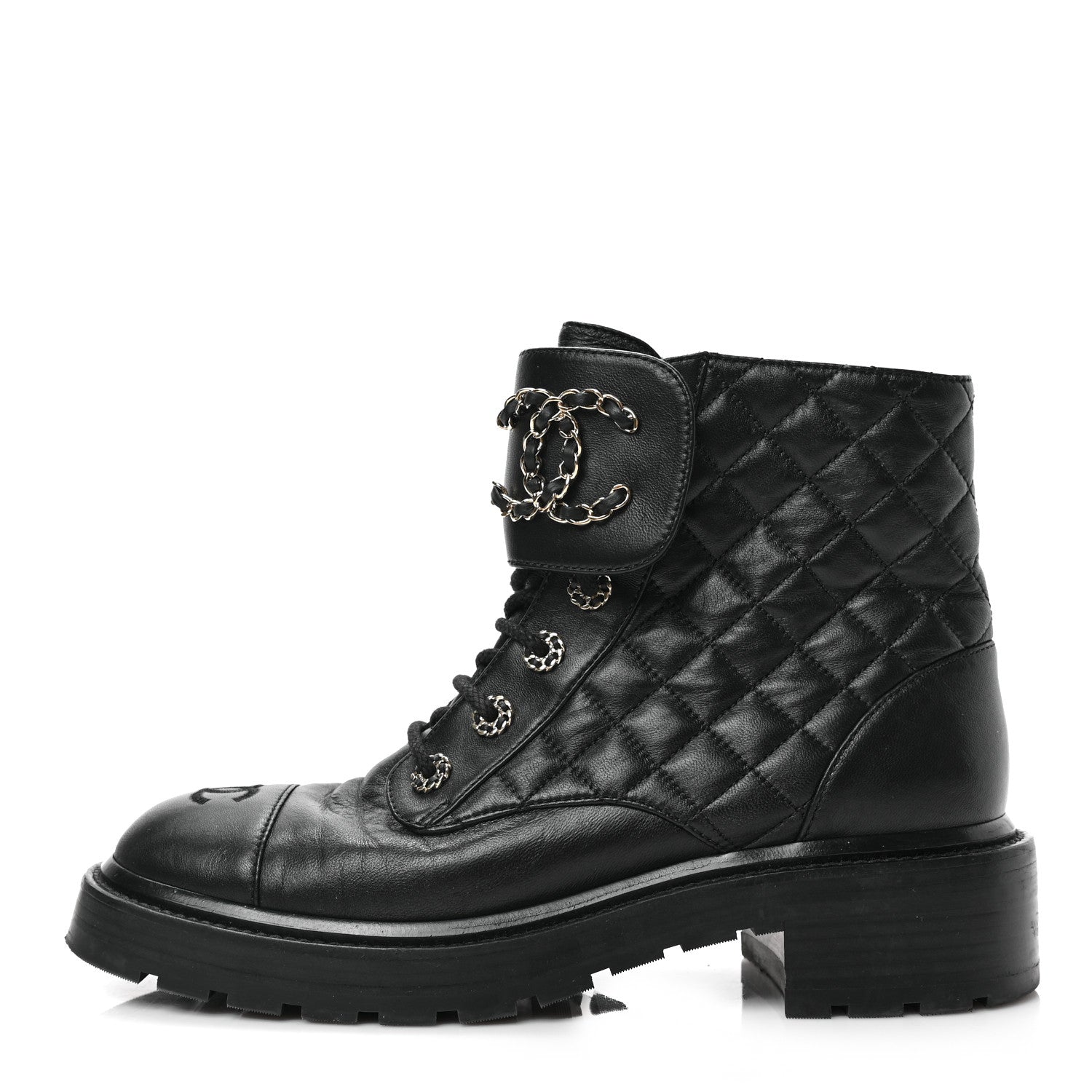 Chanel Shiny Lambskin Quilted Lace Up Combat Boots 40 Black 1 of 6