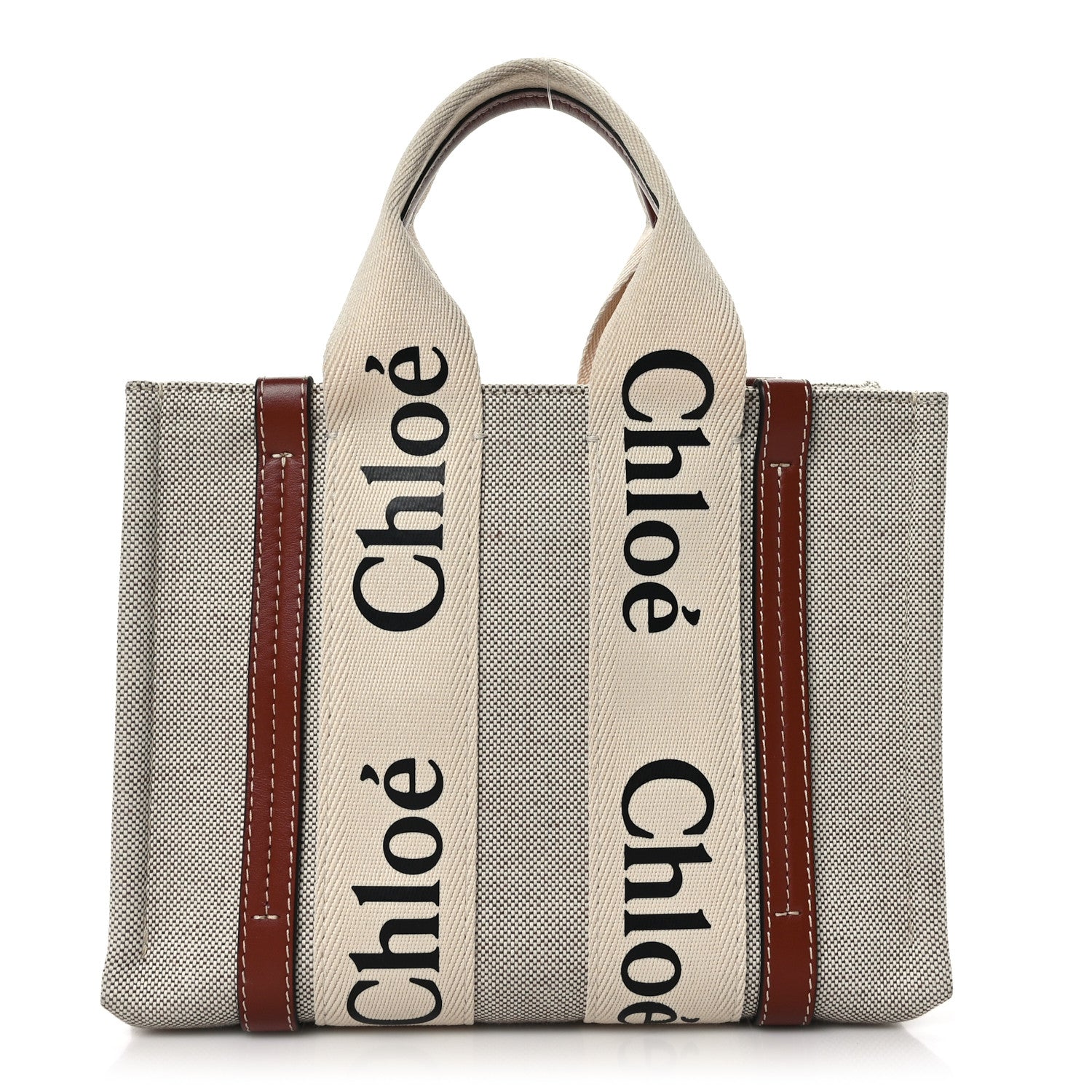 Chloe Cotton Calfskin Small Woody Ribbon Tote White Brown 1 of 9