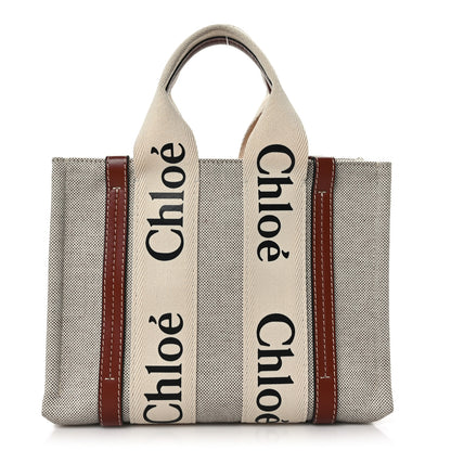 Chloe Cotton Calfskin Small Woody Ribbon Tote White Brown 1 of 9