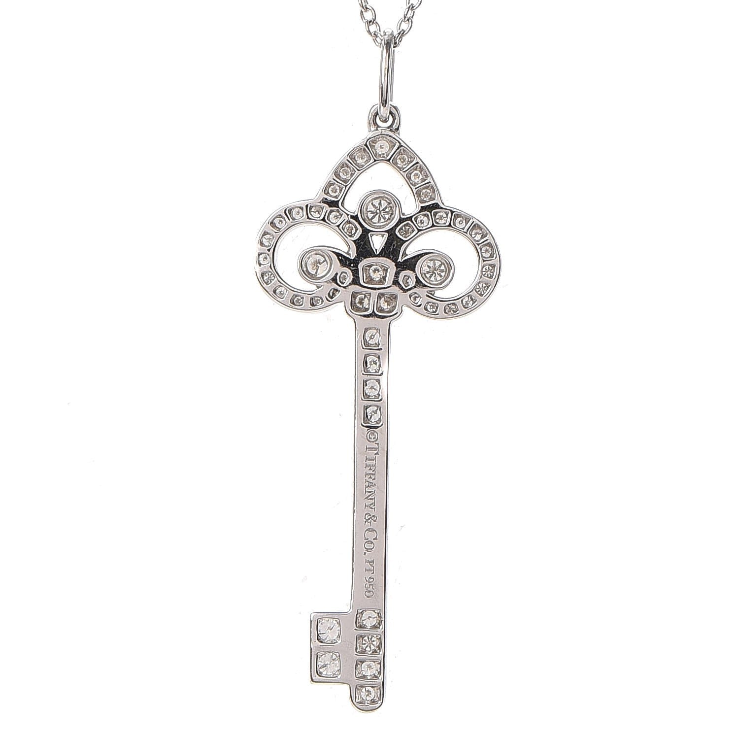 Tiffany Platinum Diamond .41ct Fleur De Lis Key Pendant Necklace 5 of 8