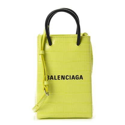Balenciaga Calfskin Crocodile Embossed Logo Shopping Phone Holder Bag Lime 1 of 9