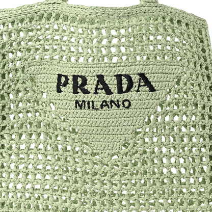 Prada Yarn Raffia Effect Crochet Logo Embroidered Tote Bag Acqua 7 of 10