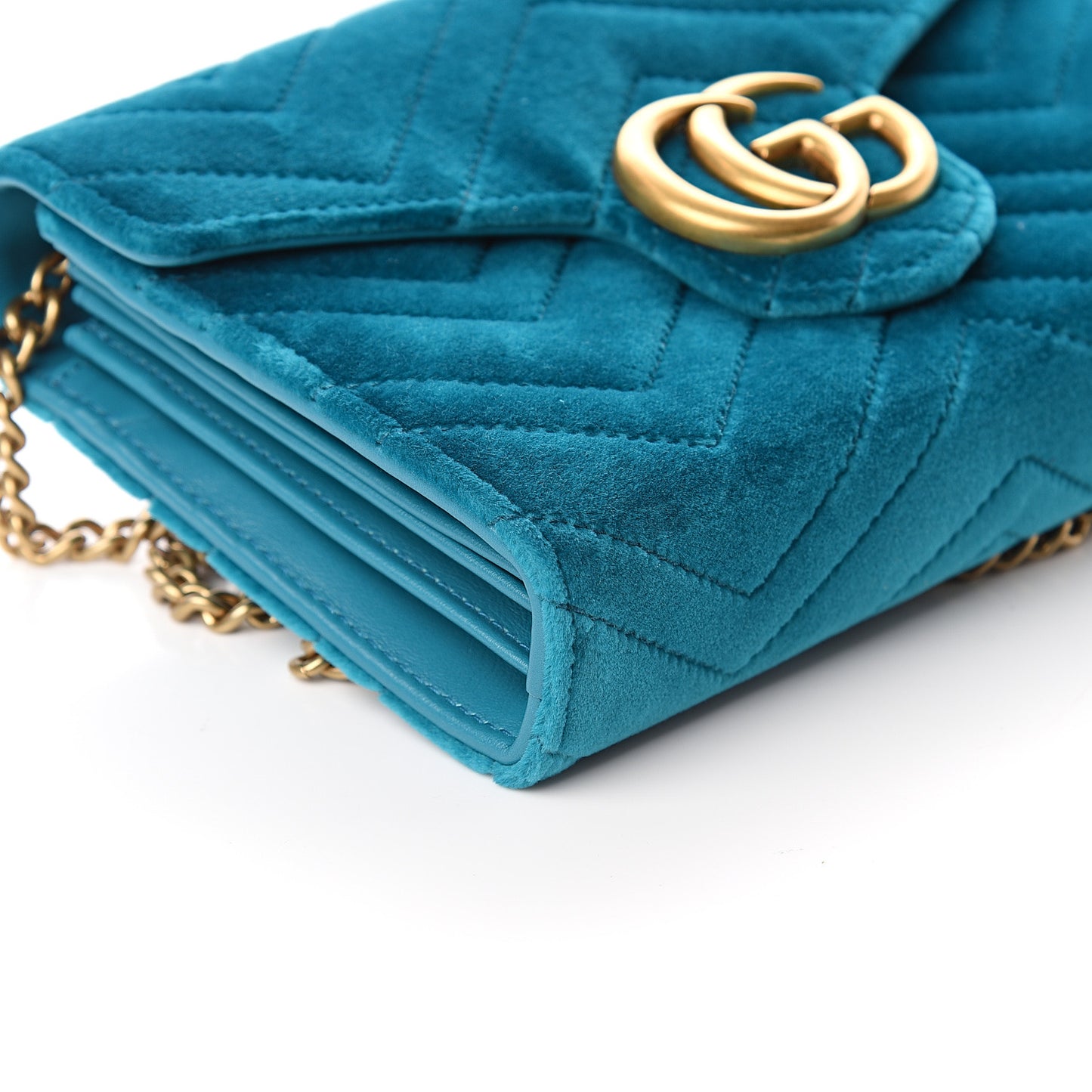 Velvet Matelasse GG Marmont Chain Wallet Pavone Cyan