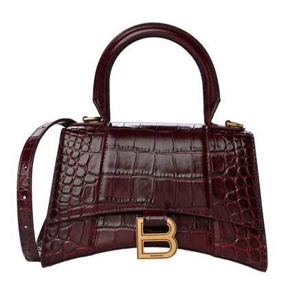 Balenciaga Shiny Calfskin Crocodile Embossed Hourglass Top Handle Bag XS Dark Red 1 of 9