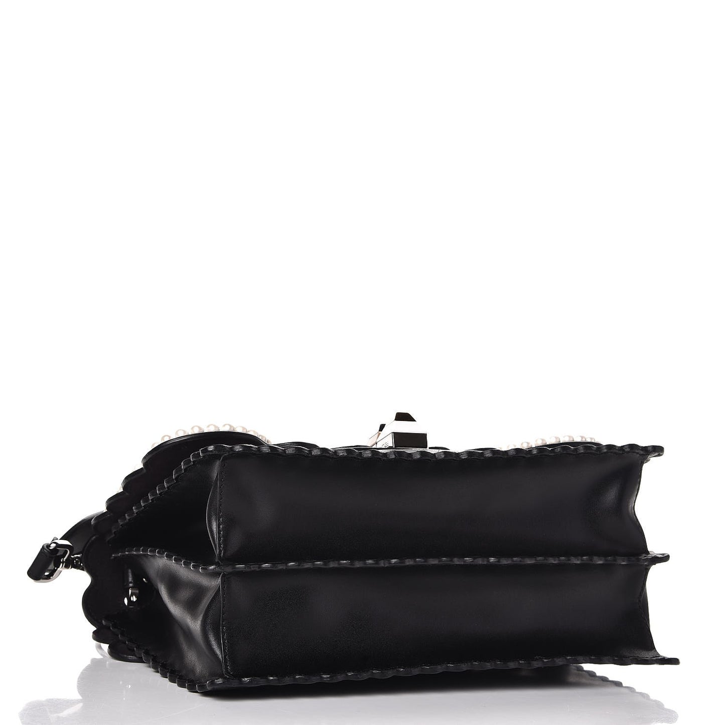Vitello Liberty Pearl Bi-Color Flowers and Bows Scalloped Studded Kan I Shoulder Bag Black Camelia