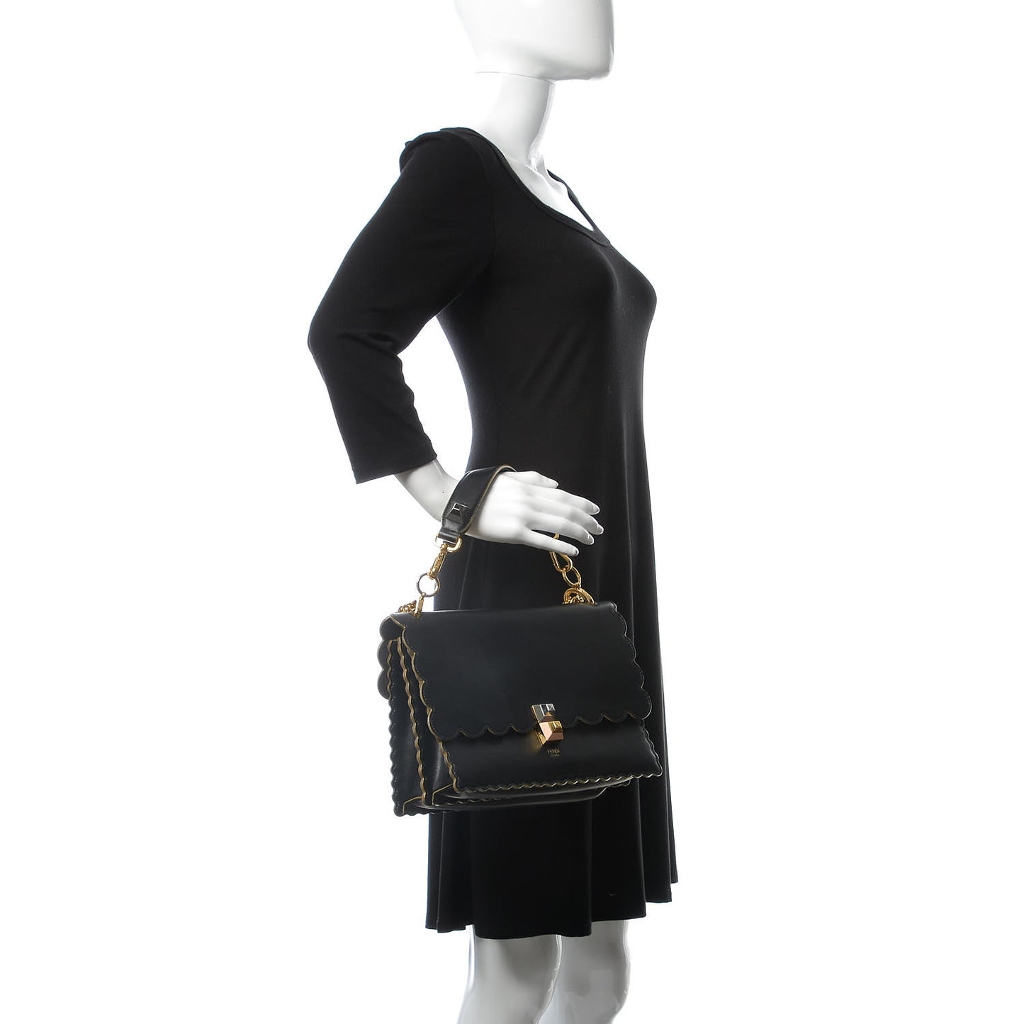 Vitello Liberty Scalloped Studded Kan I Shoulder Bag Black