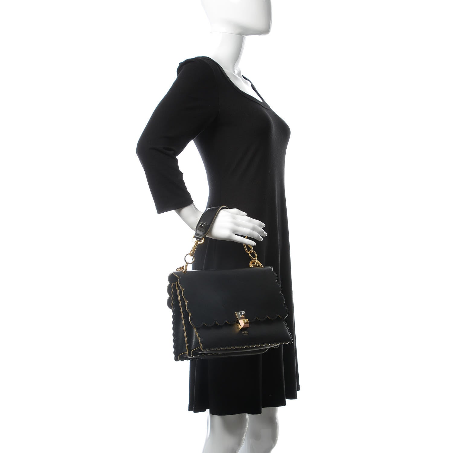 Fendi Vitello Liberty Scalloped Studded Kan I Shoulder Bag Black 3 of 18