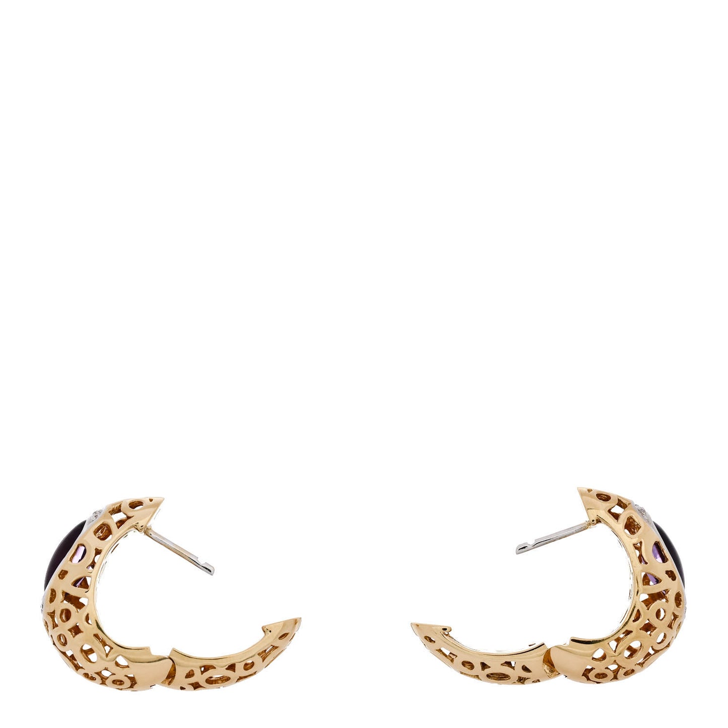 18K Yellow White Gold Diamond Amethyst Mauresque Hoop Earrings