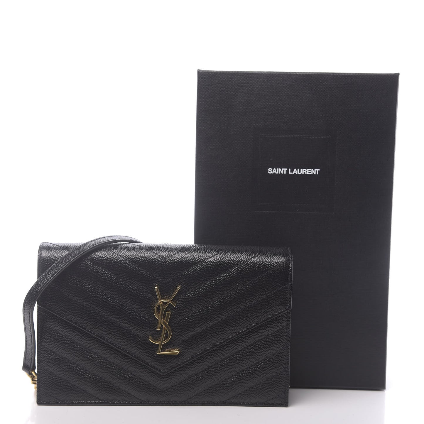 Grain De Poudre Matelasse Chevron Monogram Envelope Chain Wallet Black