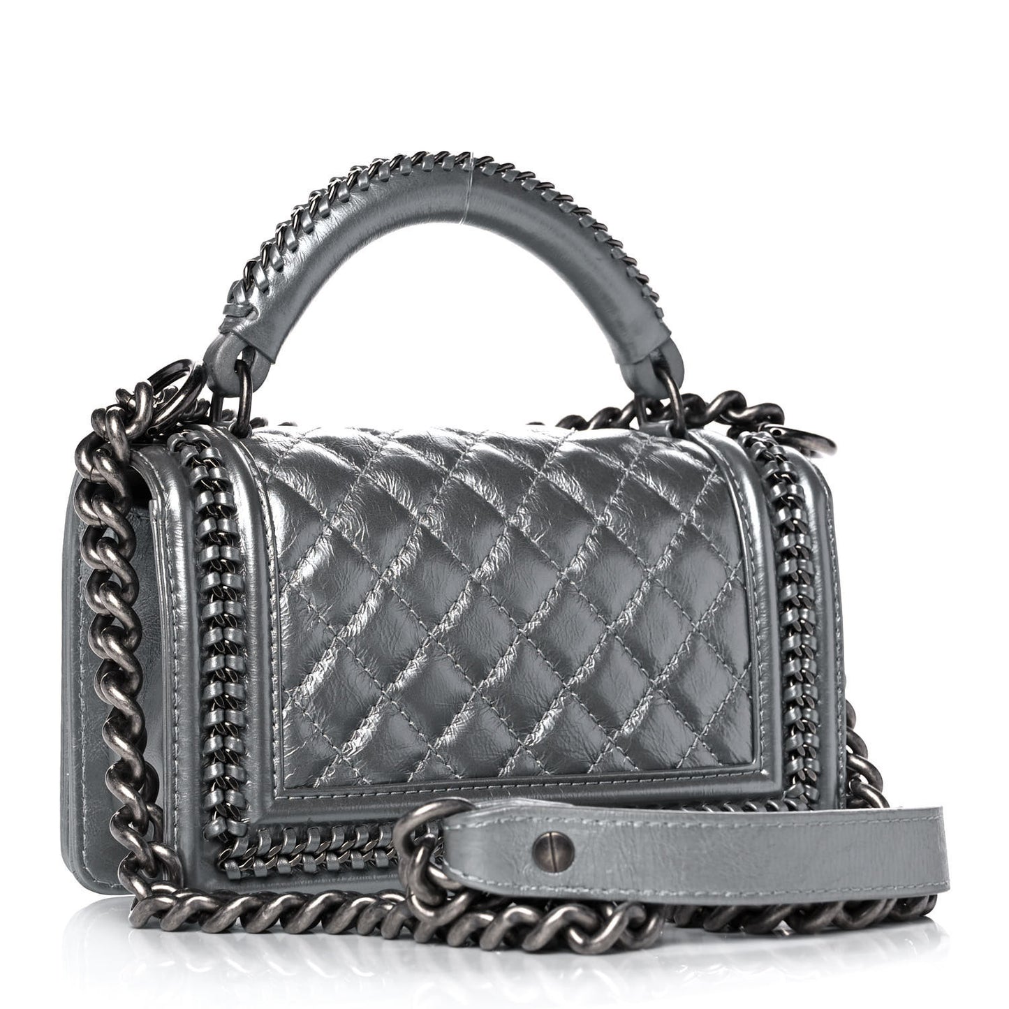 Metallic Aged Calfskin Quilted Small Boy Handle Flap Charcoal