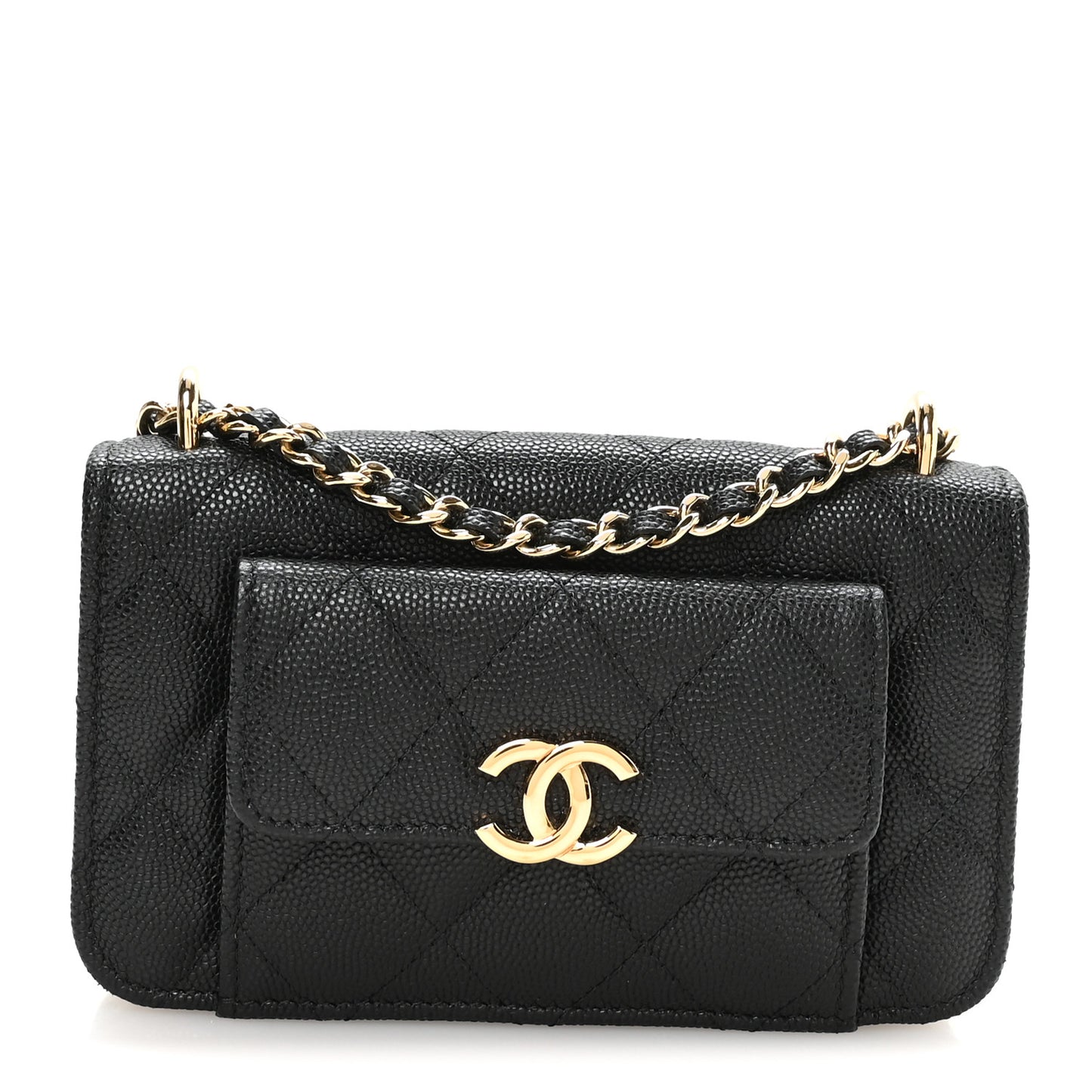Caviar Quilted Pocket Twins Clutch With Chain  Black